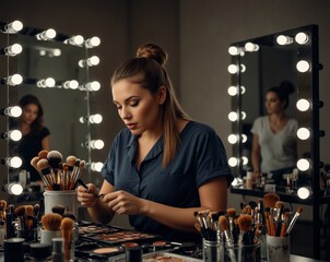 AI-generated image of a young woman applying makeup in a beauty studio. The scene highlights modern beauty techniques and a stylish environment, emphasizing elegance, self-care, and contemporary aesth