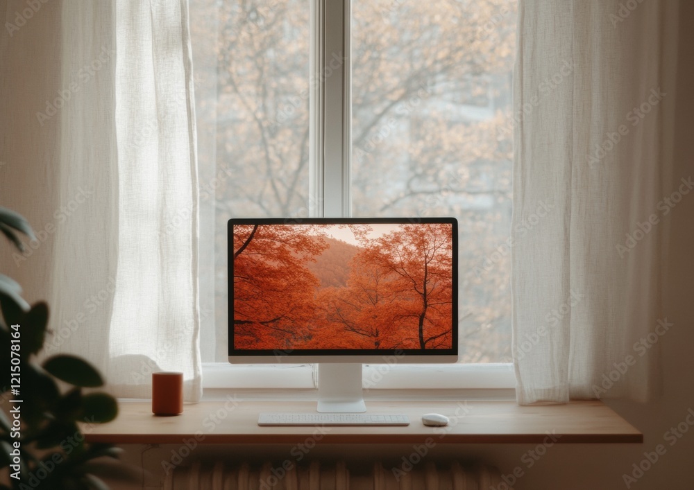 Poster warm rustic workspace digital nomads second monitor with natural wood texture - remote productivity 