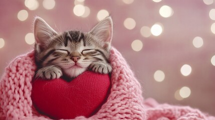 A sleeping kitten nestled in a cozy blanket with a heart-shaped pillow.