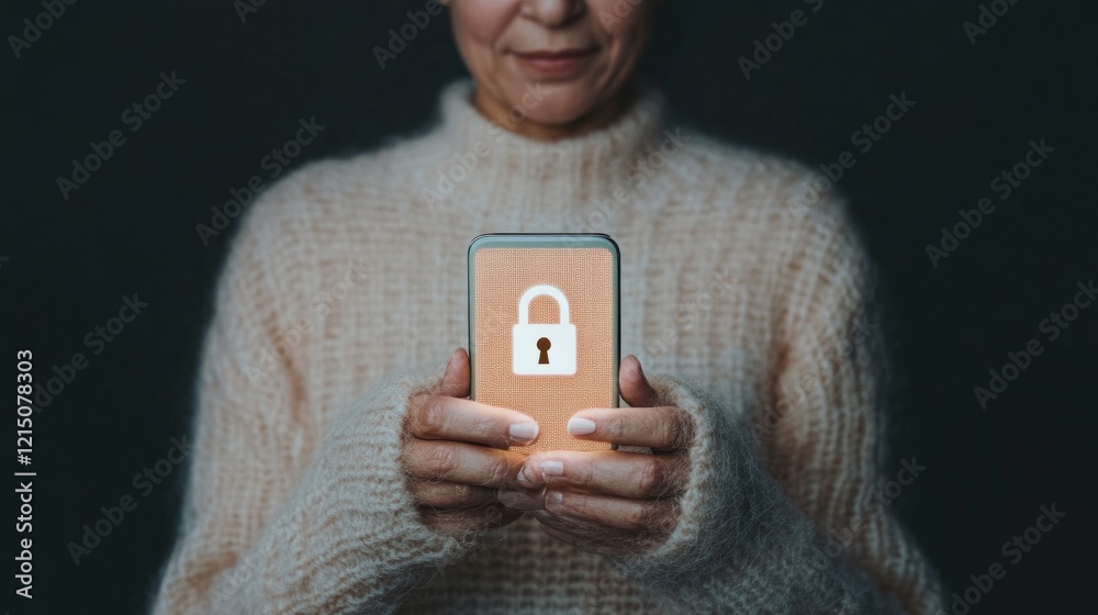 Poster cybersecurity chic indian womans hand with smartphone - glowing lock display on knit texture for mod
