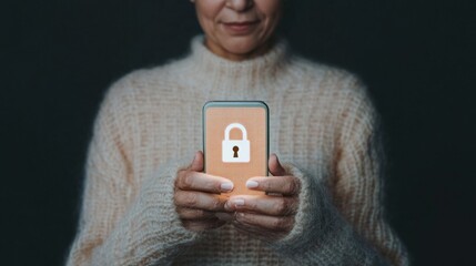 Cybersecurity Chic Indian Womans Hand with Smartphone - Glowing Lock Display on Knit Texture for Modern Fintech and Personal Data Protection Solutions