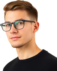 Young German man with eyeglasses wearing a black sweater isolated on transparent background