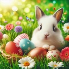 Fototapeta premium Easter bunny and easter eggs on green grass and flower field of spring meadow