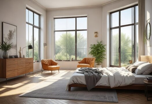 Bright bedroom with large windows and eclectic decor , cozy, stylish, modern - Powered by Adobe