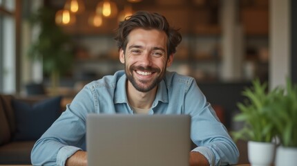 A man sits at a table with a laptop, radiating positivity and productivity.