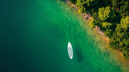 Obraz premium Aerial View of Isolated Boat on Serene Turquoise Water Surrounding Forest