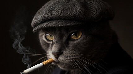 A sophisticated cat wearing a cap, smoking a cigarette.