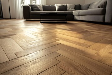 Warm sunlight illuminating herringbone parquet flooring, highlighting contemporary living room design with soft, inviting ambiance