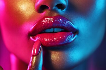 Obraz premium Glossy crimson lips pressing against matching nail-polished fingertip, dramatic neon illumination highlighting sensual beauty and color contrast
