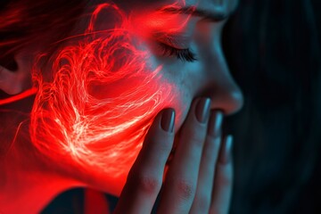 Red light projections creating abstract shapes on the face of a woman with closed eyes and hand on her face