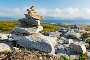 Stones stacks at Malin Head, Ireland's northernmost point, Wild Atlantic Way, coastal route. Wonders of nature. Numerous Discovery Points. Co. Donegal