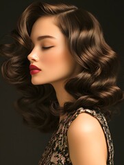 Naklejka premium Sultry Glamorous Woman with Voluminous Bouncy Curls and Glossy Makeup in Dark Studio Setting