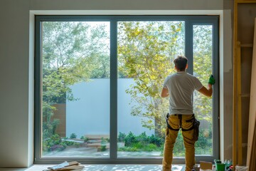Construction worker installing window, pausing while admiring lush garden surrounding new residential building