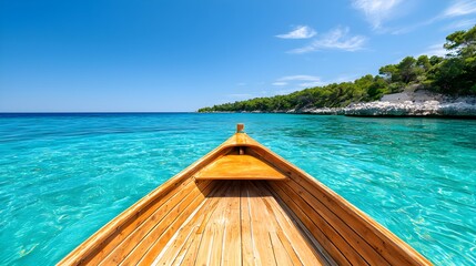 Scenic Wooden Boat on Calm Clear Blue Water with Coastline View