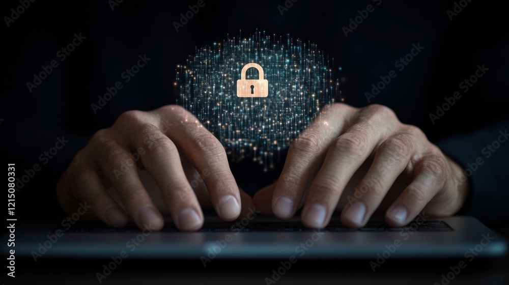 Poster Futuristic Cybersecurity Interface Hands Typing on Sleek Laptop with Holographic Lock - Data Protection Visual for Business Security and Innovative Tech Solutions