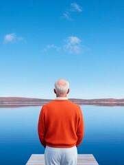 Fototapeta premium Mindful Lakeside Retreat Mature Man in Vibrant Sweater on Wooden Dock - Tranquil Escape for Mental Well-being and Adventure Tourism Content