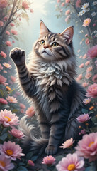 Obraz premium Ethereal Garden of Whiskers: A Dreamlike Vector Scene Capturing the Playful Essence of a Majestic Cat in Floral Bliss