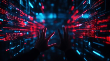 Fototapeta premium Futuristic digital interface with hands reaching.