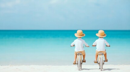Coastal Adventure Imagery Kids Cycling on Sandy Beach with Tropical Backdrop - Youthful Outdoor Enthusiasm and Eco-Friendly Family Travel Promotions