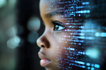 Child exploring technology and digital innovation with captivating visualization of data