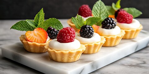 A delectable assortment of mini fruit tarts topped with fresh berries and mint, presented on a marble platter.