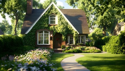 Fototapeta premium Charming cottage surrounded by lush greenery and blooming flowers in a sunny neighborhood