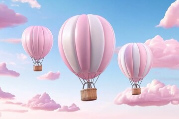 Obraz premium Colorful hot air balloons drift through a sky filled with fluffy pink clouds at sunset