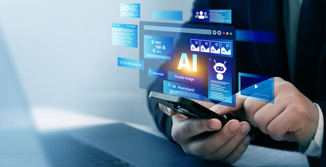 Person using phone for Ai Content Generator. Interaction with the Ai assistant to solve some tasks more easily. Image generator, documents, marketing and advertising, bot writing and coding.	