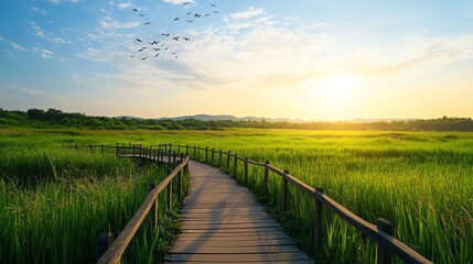 Scenic wooden path through lush green fields.