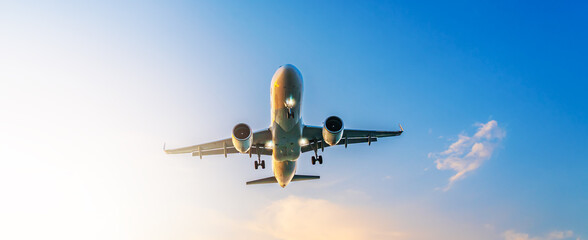 Airplane flying overhead against bright sky, symbolizing global travel, modern aviation,...