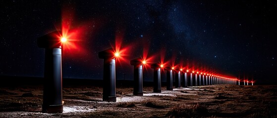 A night scene featuring a row of illuminated pillars with red lights, set against a starry backdrop, creating a striking visual effect.