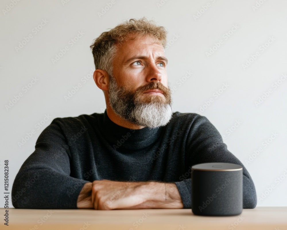 Poster minimalist tech workspace middle-aged caucasian male engaging with smart speaker for voice-controlle