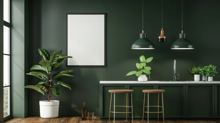 Mockup poster frame in kitchen interior and accessories on dark green wall- 3D rendering.