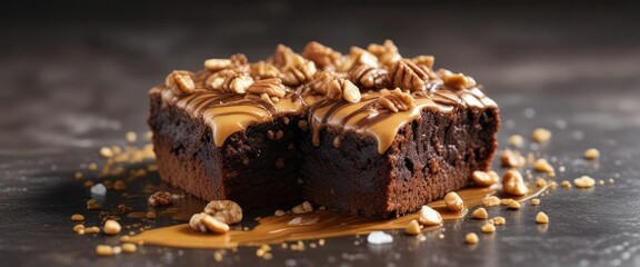 Brownie topped with chopped walnuts, caramel drizzle, and a sprinkle of sea salt on top, nuts, dark chocolate, topping