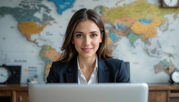 A young woman sits at her desk, wearing a blazer and smiling warmly. Behind her is a detailed world map, showcasing various continents and countries, and clocks indicating different time zones
