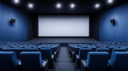 Fototapeta premium Modern cinema interior with blue seating and empty screen in a spacious theater environment