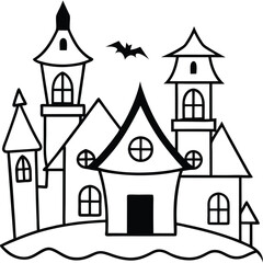 Whimsical haunted house with towers and flying bat, perfect for spooky Halloween illustrations.