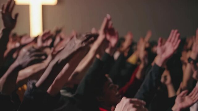 hands of a crowd of people at a Christian meeting during the glorification praise of God against the background of the cross