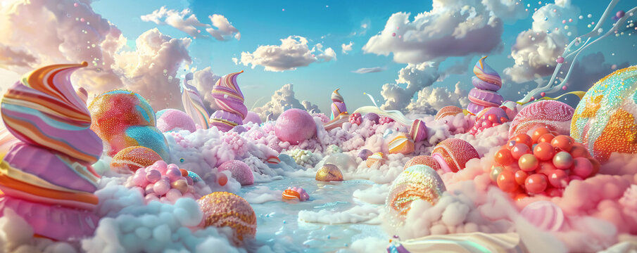 Vibrant, panoramic fantasy landscape filled with colorful candy and sweets