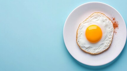 Freshly cooked sunny-side up egg on a white plate against a light blue background with a hint of seasoning