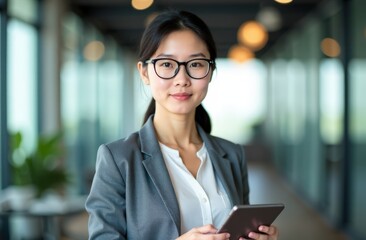 A Young East Asian businesswoman in rectangular glasses and fashion business suit in office