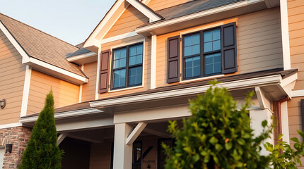 Obraz premium Dream House Exterior: Elegant Home Design with Brown Shutters and Landscaping