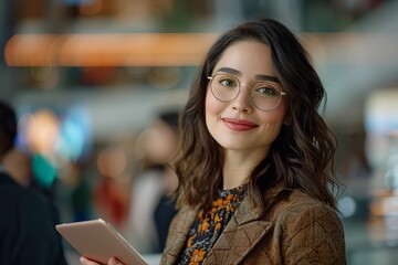 A cheerful young woman with medium complexion and curly hair smiles warmly while holding a tablet in a modern indoor setting. female company executive, entrepreneur