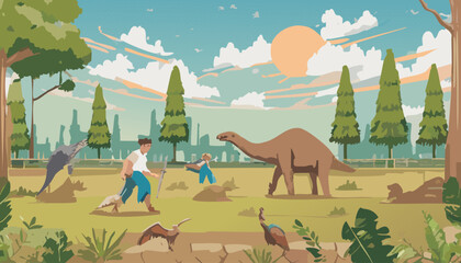 Vector illustration of an African safari house with animals in the background © Waseem