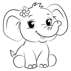 A vector illustration of little elephant to color, in cartoon style. Dynamic black lines, cute style, ideal for children.
