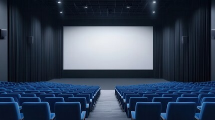 Obraz premium Modern Cinematic Hall with Empty Blue Chairs and Large Blank Screen Ready for Movie Experience