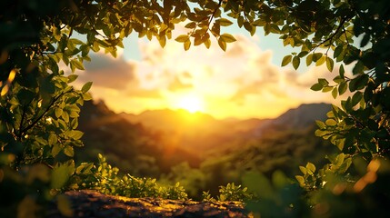 Serene Sunset View Framed by Lush Green Leaves and Nature's Beauty
