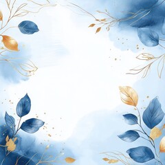 Blue and Gold Watercolor Leaves Frame Design