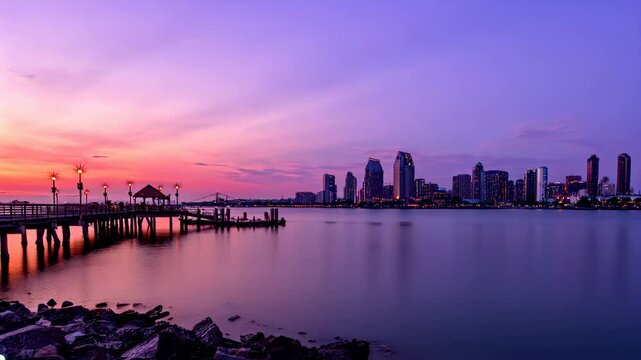 timelapse of Coronado pier reflecting in San Diego Bay from Coronado Island, California. San Diego cityscape skyline with Downtown and Waterfront Marina District at twilight. REAL PHOTO ANIMATED BY AI
