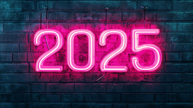 Glowing Neon 2025 Sign on Brick Wall   New Year  Future  Celebration